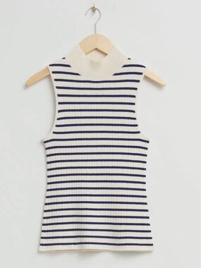& Other Stories Cream and Navy Striped Ribbed Mock Neck Tank
